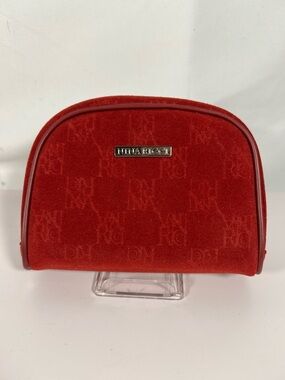 7520: Nina Ricci Red Velvet Monogram Cosmetic Pouch Bag